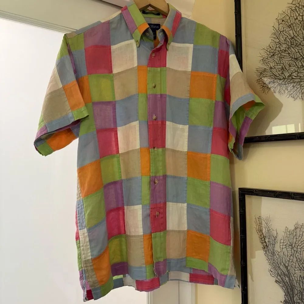 Paul Fredrick 100% Linen Bright Pastel Patchwork Button Down Shirt
